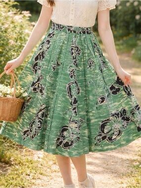 Y2K Anthropologie Odille Green Cotton Sequin A-Line Midi Skirt Size 2 Twee
